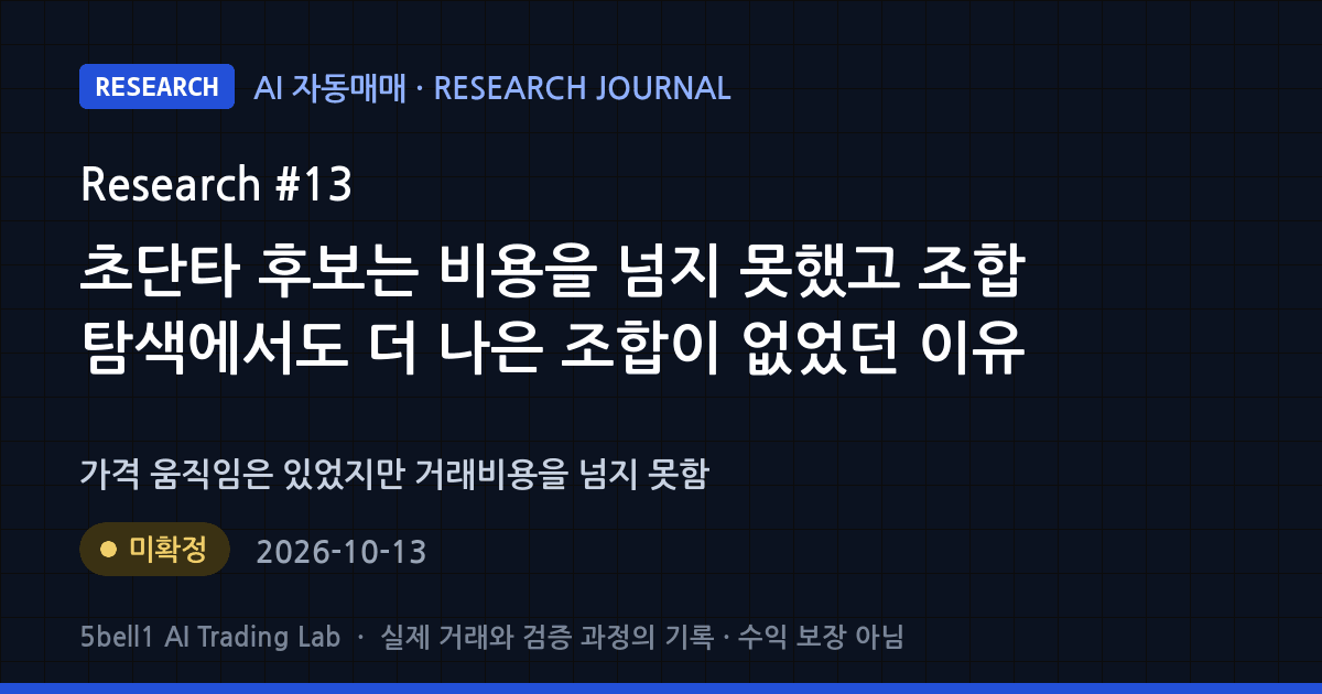 AI 연구 일지 #13: 초단타 후보는 비용을 넘지 못했고 조합 탐색에서도 더 나은 조합이 없었던 이유 — 연구 상태 미확정 (수익 보장 아님)